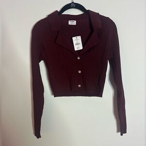 Cotton On Burgundy Cropped Ribbed Cardigan